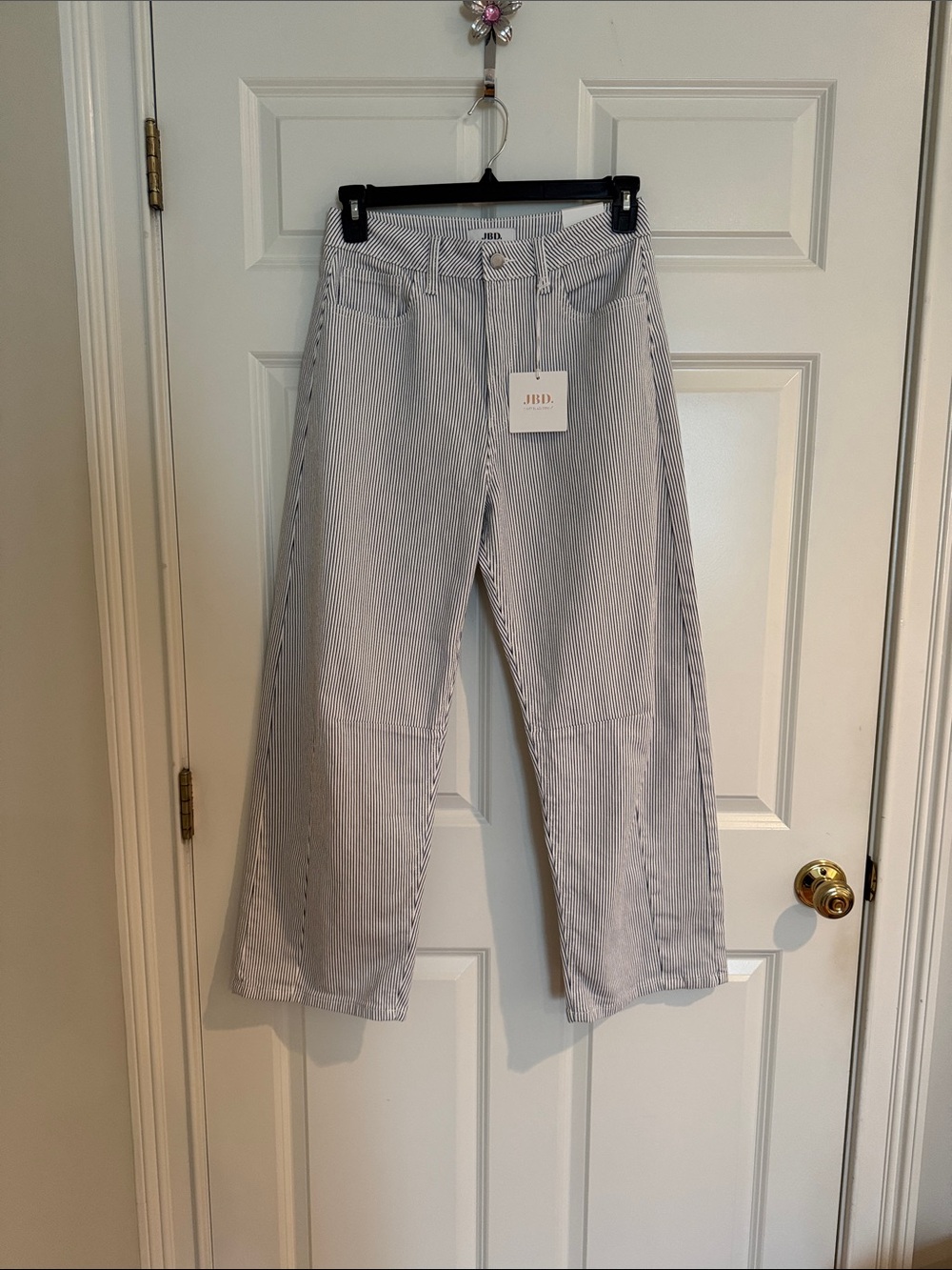 Just Black Pinstripe Barrel Jeans in navy and white